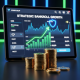 Sleek digital sports betting interface with an overlaid upward-trending financial graph and a protective shield, symbolizing strategic unit sizing and bankroll management for long-term profit.