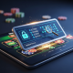 Digital representation of secure online casino transaction documentation, featuring a glowing transaction log, a secure padlock, and a magnifying glass over a tablet displaying a casino interface, symbolizing financial protection and record-keeping.